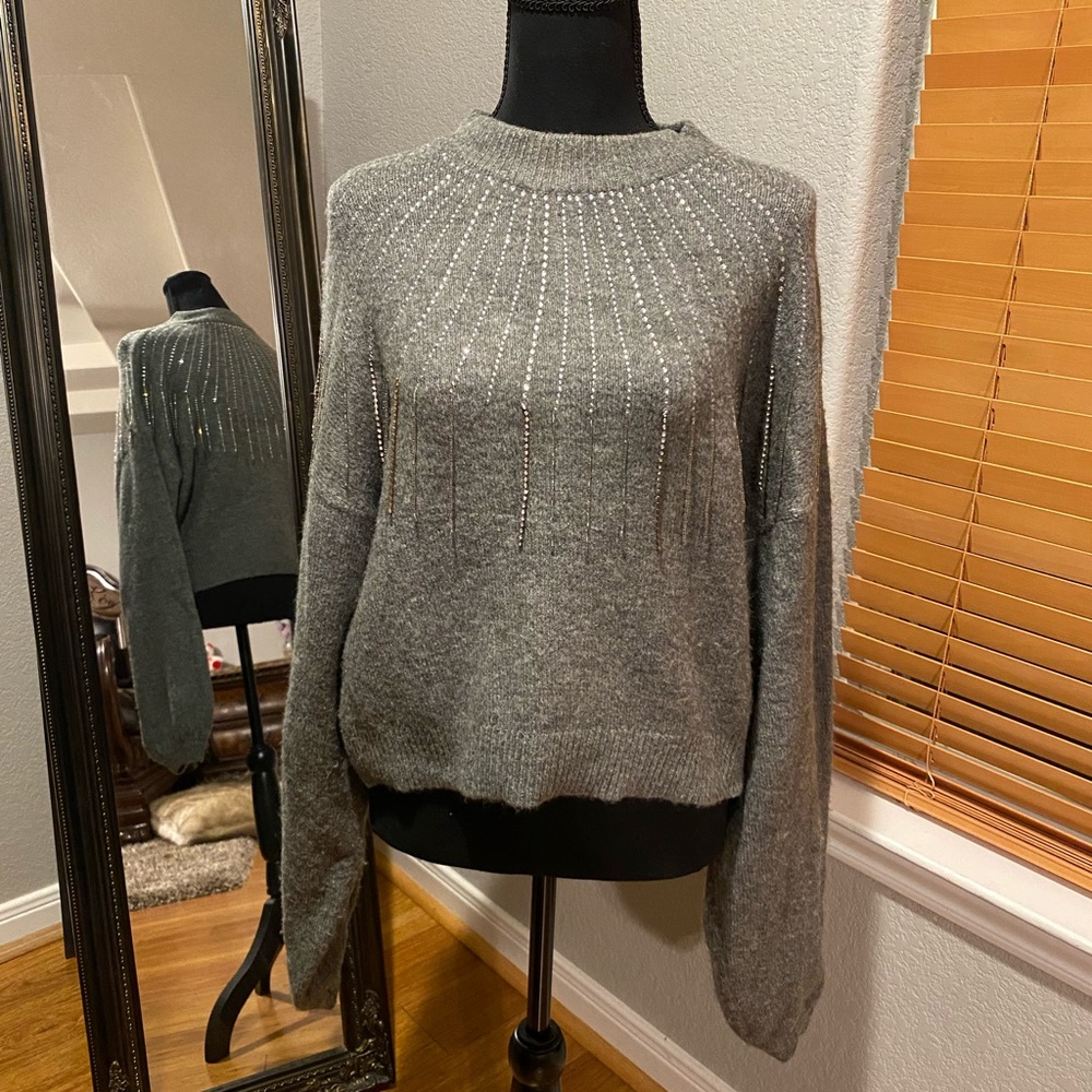 ZARA Ladies Embellished Hi-Neck Gray Sweater